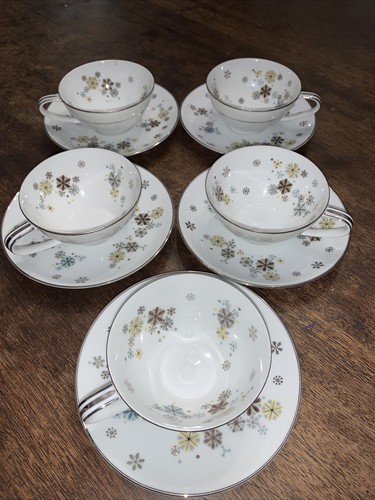 RARE Flat Cup & Saucer Tea Set Of 5 #5548 Noritake China Japan MCM Atomic ? - Picture 2 of 12