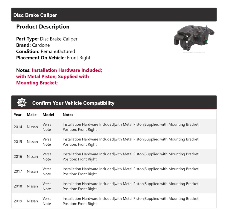 Para 2014-2019 Nissan Versa Note pinça de freio a disco dianteira direita Cardone 2015 2016 - Imagem 2 de 4