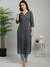 Indian Women Navy Blue Cotton Ethnic Motifs Printed Kurta Kurti Top Tunic Dress