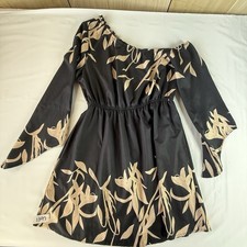 SHEIN Womens L 8/10 Black Floral Mini Dress Off Shoulder Bell Sleeve Boho