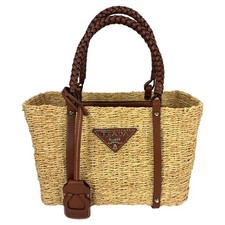 Prada Palmetto Vitello Woven Raffia Naturale Tote Bag Women Brown One Size