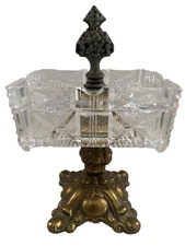 Vintage Crystal Cigarette Smoker Box Ashtray Brass Pedestal Hollywood Regency