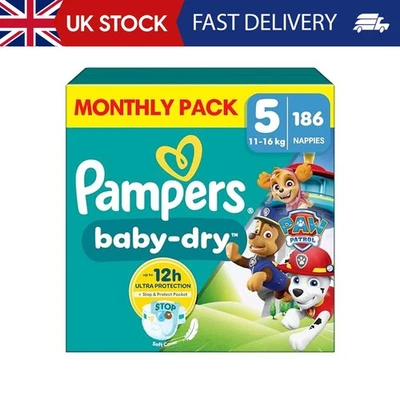 Pampers Baby-Dry Paw Patrol Edition Size 5, 186 Nappies, 11kg-16kg, Monthly Pack