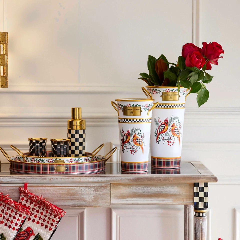 NUEVO Juego de 3 cubos de flores de metal Mackenzie Childs Holiday Cardinal Foto 2 de 2