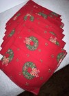 8 Square Christmas Holiday Wreath Poly Cotton Napkins  Red Green 16.5” Sq.