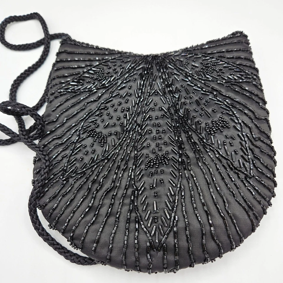 Bolso clutch de noche vintage negro con cuentas retro hoja negra cierre cremallera Foto 4 de 4