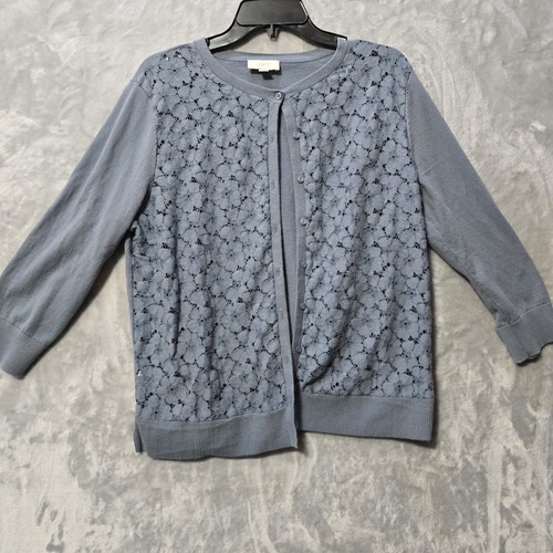 Loft Blumen Spitze vorne Cardigan Pullover Damen XL blau grau Freizeit Knopfleiste