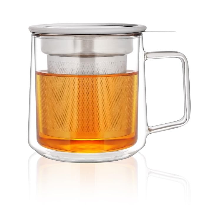 Taza de té de vidrio de doble pared CNGLASS 12 oz con infusor y tapa de acero inoxidable, Bo