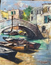 ::ÖLGEMÄLDE UNDEUTL. SIGN. 1958 BLICK AUF CHIOGGIA IN ITALIEN MEERLAUF BOOTE