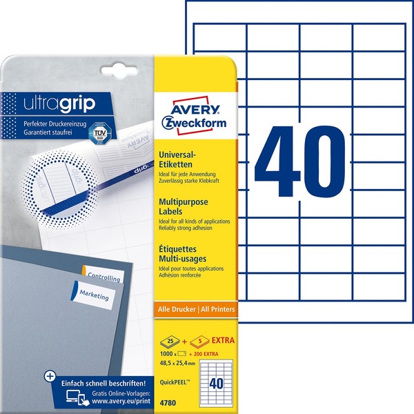 Avery Zweckform® 4780 4780 Universal-Etiketten - 48,5 X 25,4 Mm, Weiß, 1.200 Eti-image