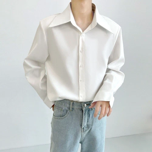 Men's Draping Large Pointy Collar Loose Stylish French White Long-Sleeved Shirts - Picture 5 of 11