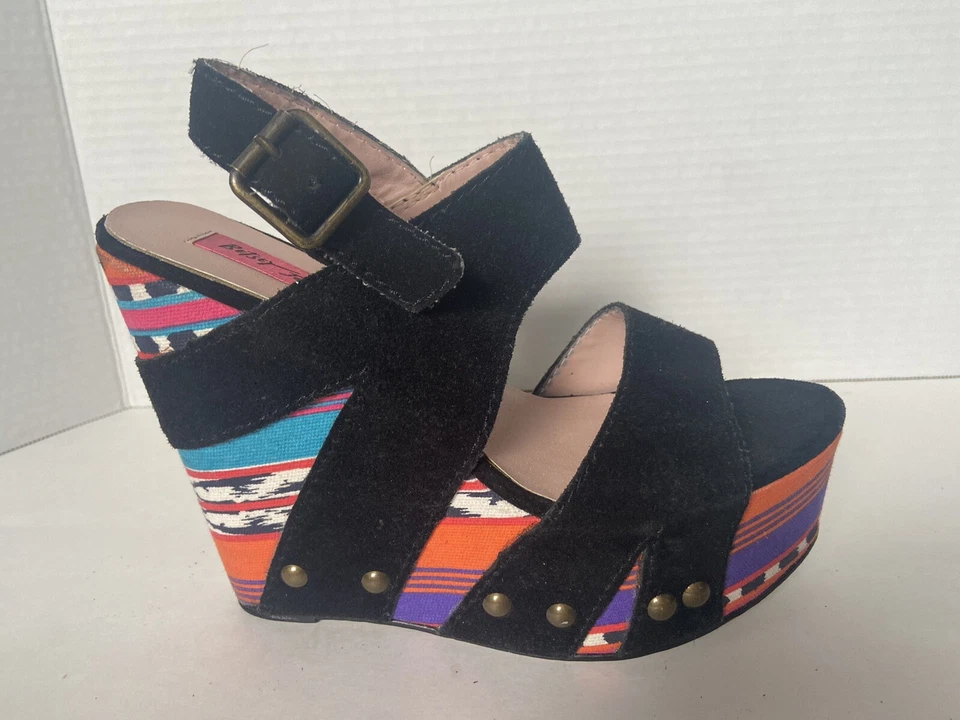 Betsey Johnson Strappy Black Suede Chunky Platform Size 7 Boho Indie Festival - Изображение 3 из 4