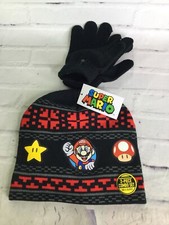 Super Mario Logo Youth Kids Boys Knit Beanie Hat Gloves Set OSFM