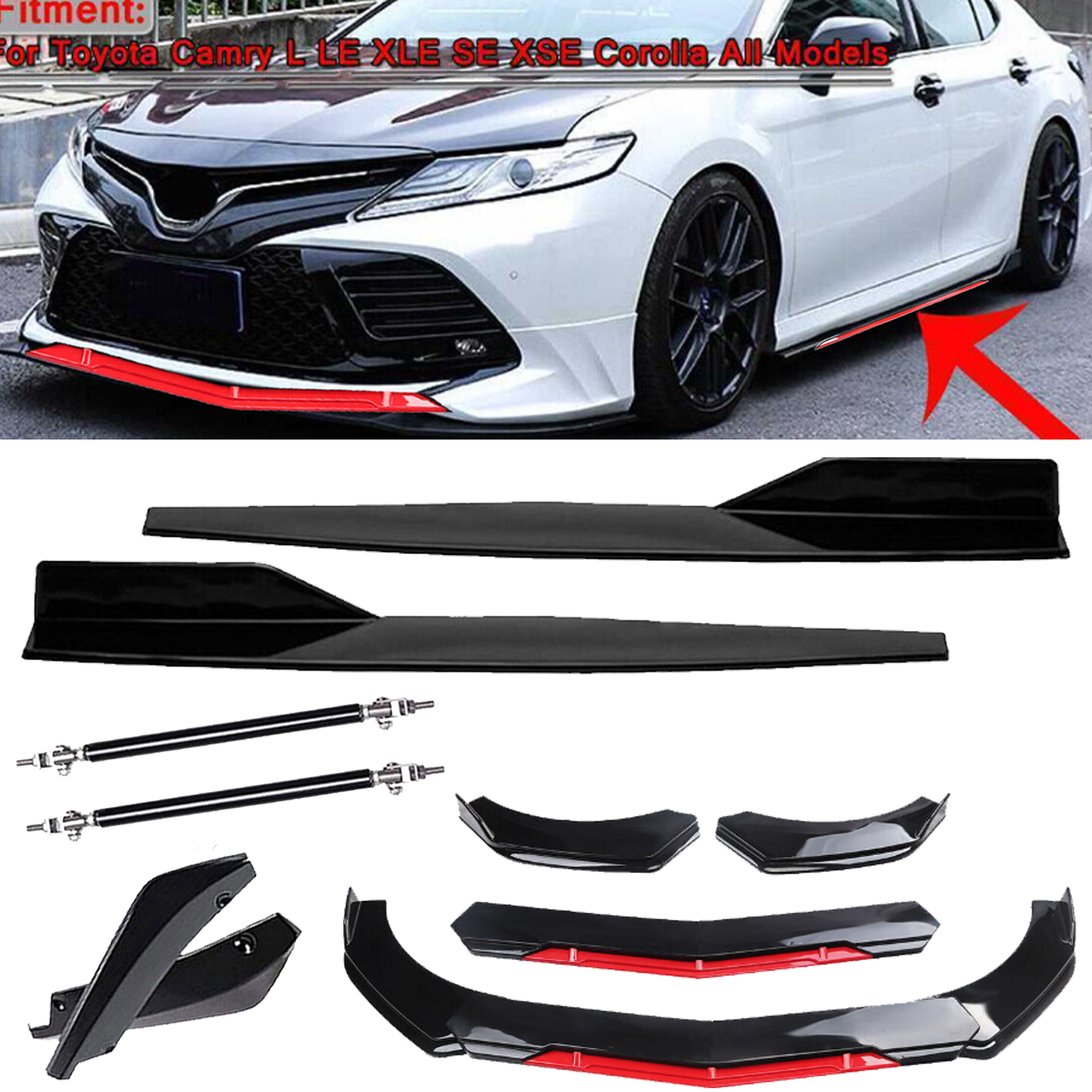 Front Rear Bumper Lip Spoiler Splitter Glossy Black Bod Kit For Toyota Camry