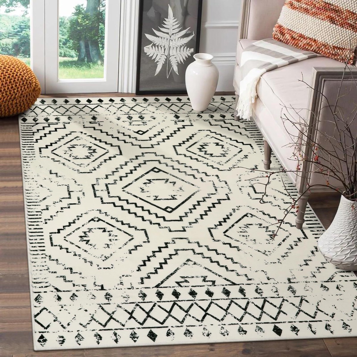 Moroccan 3x5 Area Rug Washable White Non-Slip Entry Rug Farmhouse