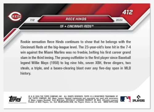 Rece Hinds 2024 Topps Now MLB #412 Call-Up Cincinnati Reds - Imagen 2 de 2