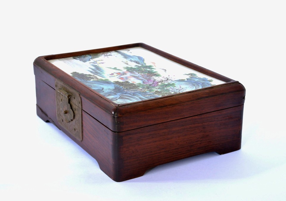 Chinese Famille Rose Porcelain Plaque Inlay Wood Carved Box Landscape