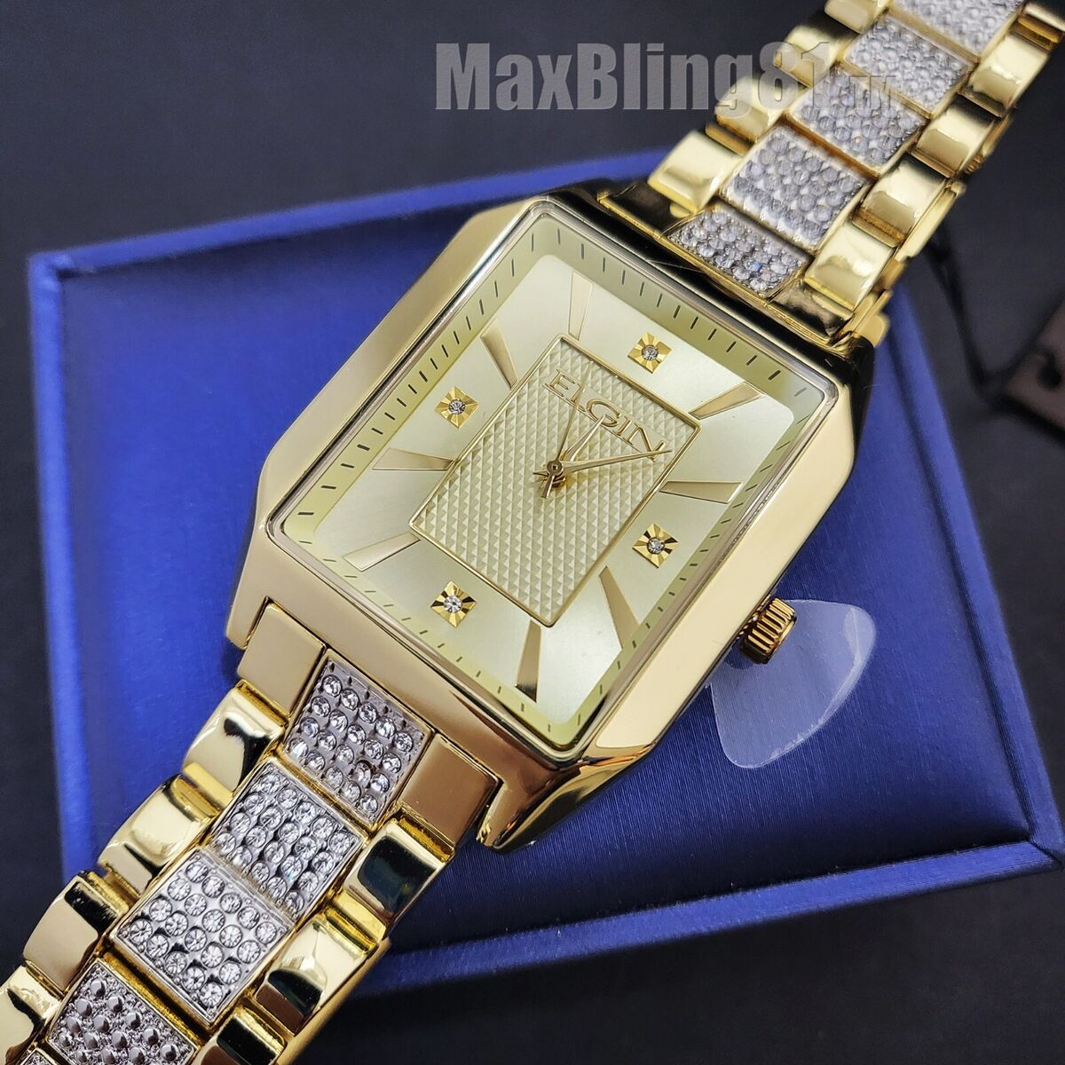 Men Elgin Luxury Lab Diamond Stainless Steel Iced Square Men Elgin Luxury Lab Diamond Stainless Steel Iced Square