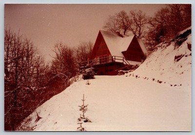 Vintage Snowy A-Frame Cabin Winter Landscape Photo 1970s Color Print
