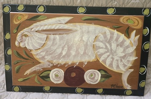 Primitive Folk Art Rabbit Bunny Hare Painting Contemporary Artist M. Shaw 02 - Picture 4 of 6