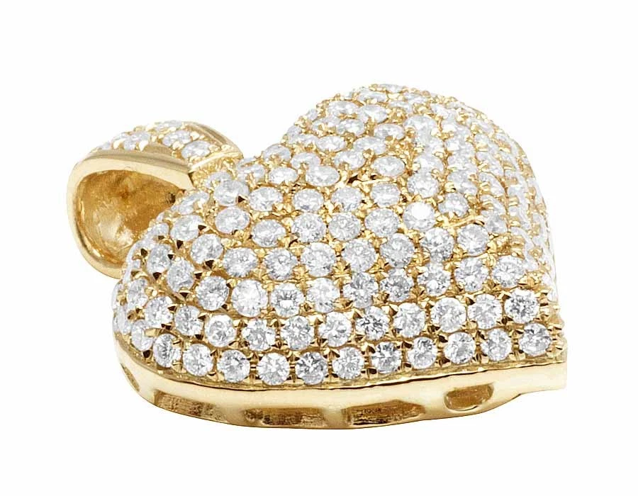 Damas Oro Amarillo 14K Puff Diamante Genuino Helado Corazón Colgante Dije 2.0ct 1.0" Foto 2 de 4
