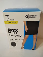 L'eggs Everyday 3 Pair Control Top Sheer Leg Sheer Toe JET BLACK Size Q #43192