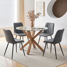 Round Glass Top Dining Table Kitchen Dining Room Metal Legs +Faux Leather Chairs