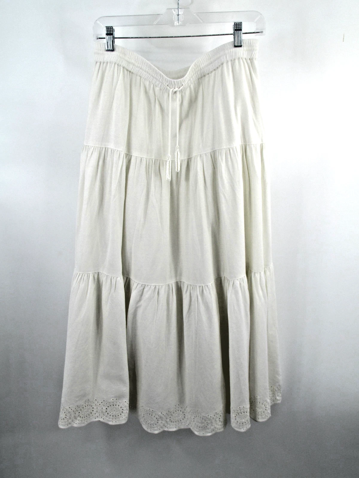 HOUSE OF HARLOW Linen Maxi Gypsy Skirt Women L White Scalloped Hem Cottage Boho