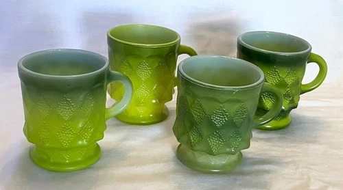 Fire King Kimberly Diamond Set of 4 Green Mugs Cups Anchor Hocking