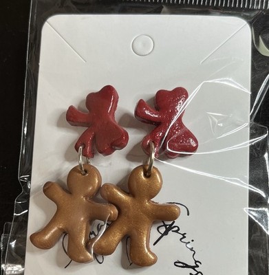 Handmade Poly Clay Holiday Christmas Theme Ginger Bread Boy + Bow Pierced Dangle