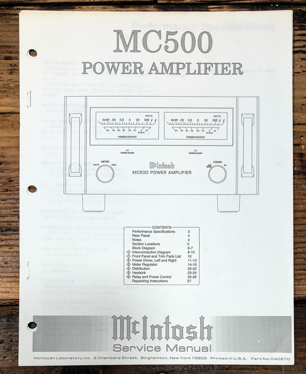McIntosh MC-500 MC500 Amplifier Service Manual *Original*