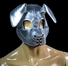 Silver Leather Puppy Hood Mask Metallic Human Pup Play Hood for Puppy Party