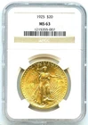 1925 $20 Saint Gaudens Gold Double Eagle, NGC MS63, Flashy and Bright Gold Coin!
