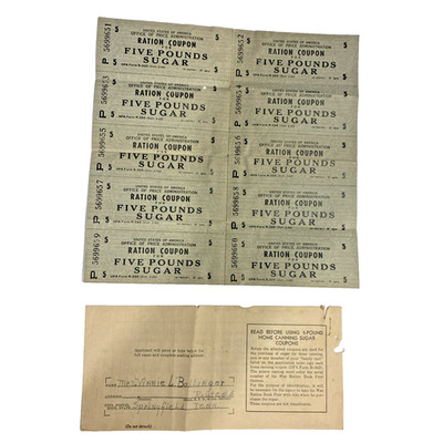 WWII 5 lb Sugar War Ration Coupons Sheet 10 Unused & book cover Rations OPA R325