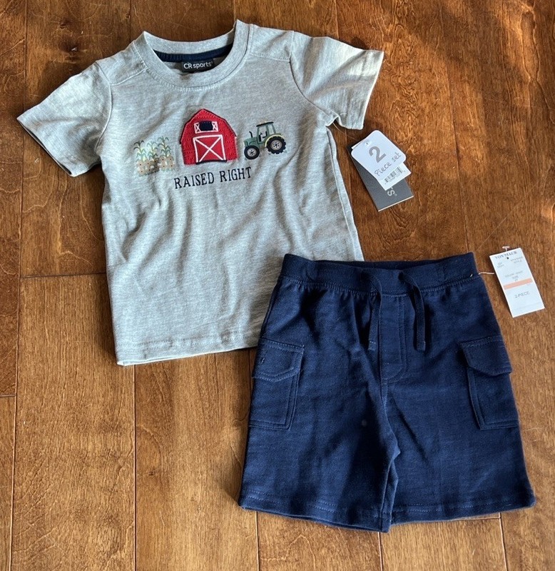 CR Sports 2-piece Farm Boy Shorts Set, NWT, Green Tractor, Barn, Toddler Boy