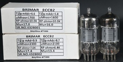 2x 1957's BRIMAR ECC82/12AU7 Top Ring Getter Made in Gt Britain Amplitrex Tested