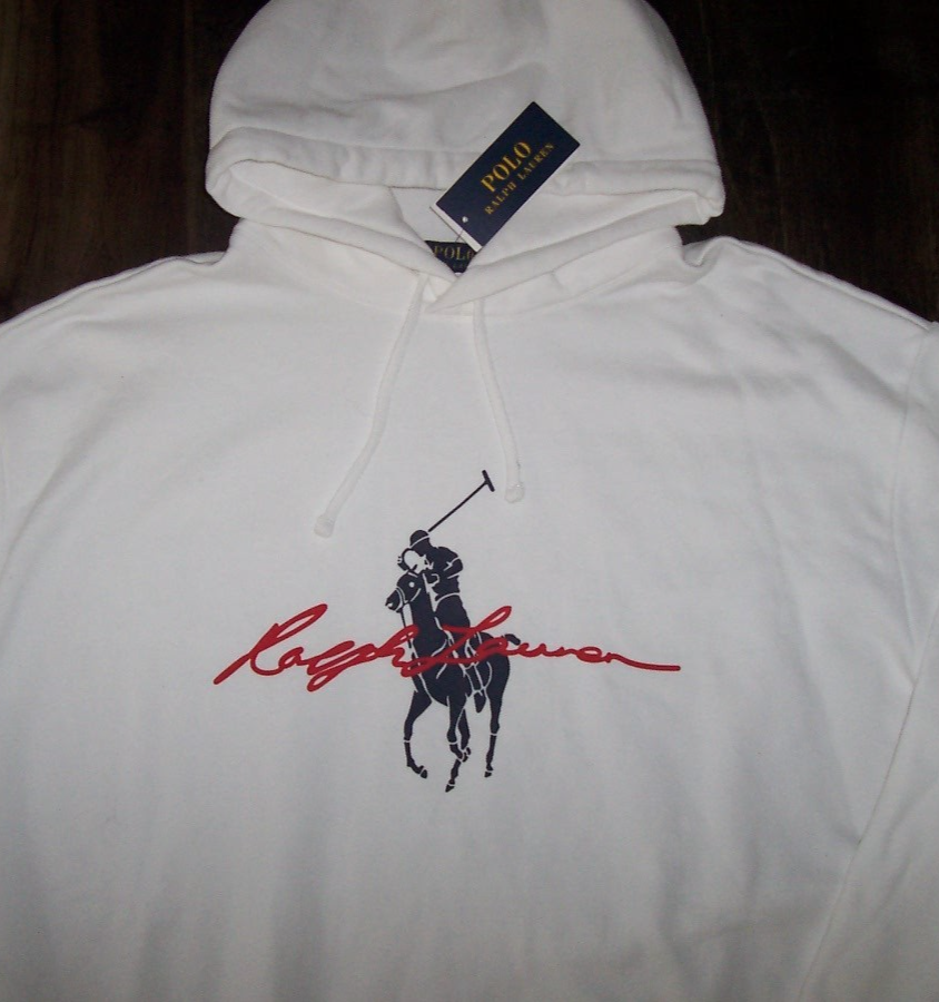 Polo Ralph Lauren bianca BIG NAVY PONY felpa con cappuccio RED SIGNATURE uomo 2XLT nuova con etichette