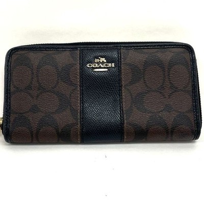 Coach Black & Brown Signature Canvas Zip Around Accordion Long Wallet