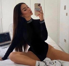 Black Long-Sleeve Bodysuit with Lucky Collar Detail