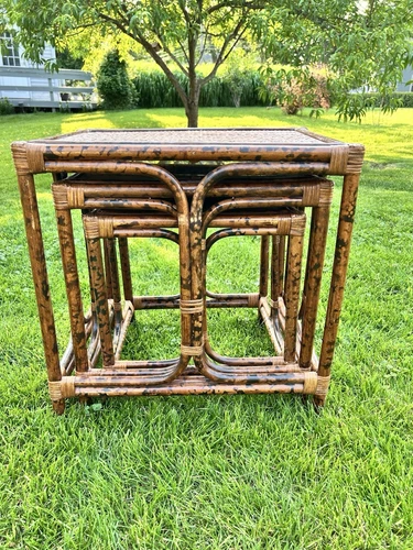 Vintage Tiger Bamboo Rattan Nesting Tables Mid Century Modern MCM Set of 3