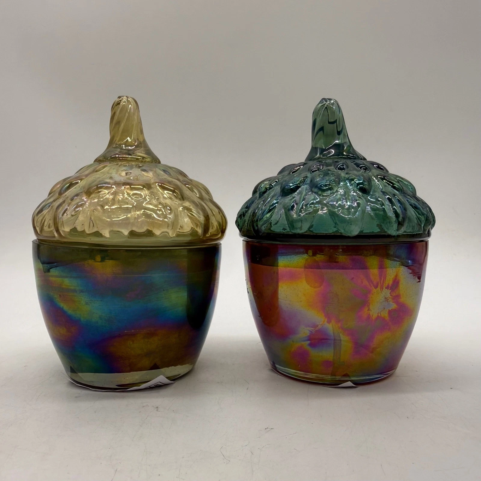 Unbranded Acorn Glass Jars Iridescent Teal Gold Lidded Set of 2 Unique Rare
Opens in a new window or