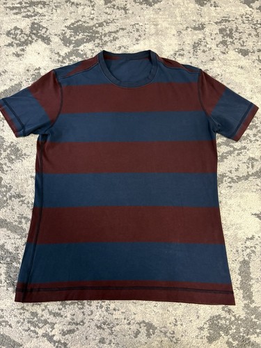 Lululemon Mens Gray Brown Stripe Crew Neck Short Sleeve Athletic T Shirt Size L