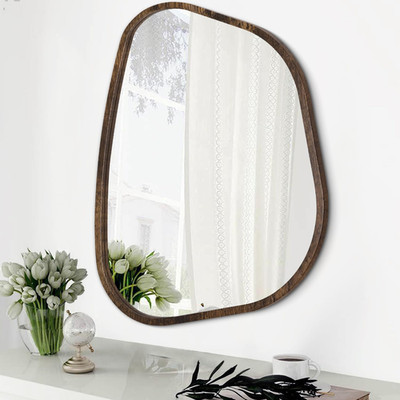 Asymmetrical Accent Mirror for Wall Irregular Oval Wood Frame Modern Unique Wall