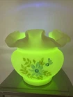 VTG Hand Painted By Par H Fenton Uranium Glass Blue Satin Custard Ruffled Vase