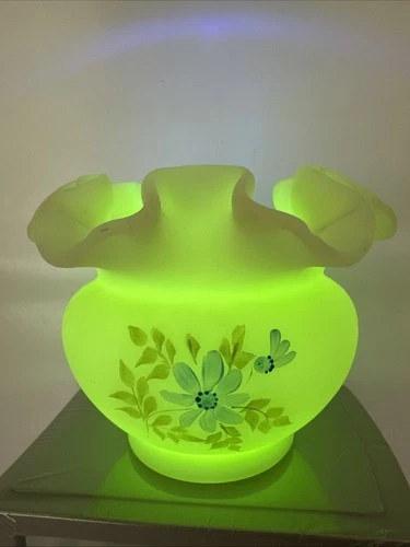 VTG Hand Painted By Par H Fenton Uranium Glass Blue Satin Custard Ruffled Vase