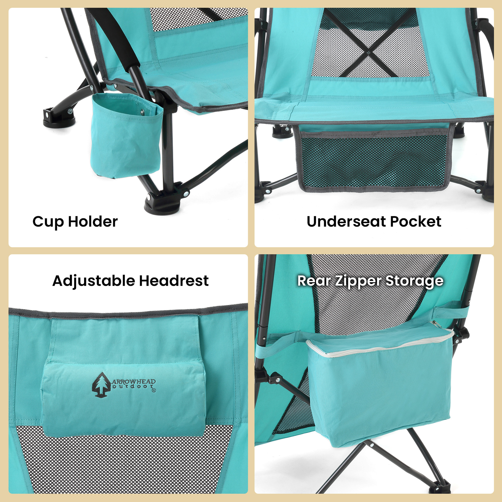 2PC Low Sitting 20° Reclinable Folding Beach Chair w/ Headrest Foam Armrest Blue