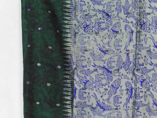 Beach Wrap Sarong Recycled Sari Fish Elephant Print Green Approx. 97 x 173 cm - Picture 3 of 12
