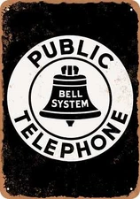 METAL SIGN - Bell System Public Telephone White on Black - Vintage Look