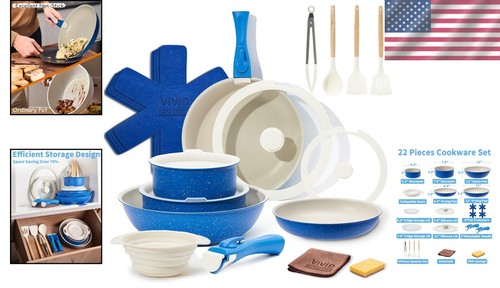 22-Piece Nonstick Ceramic Cookware Set - Space-Saving Blue Induction Solution - Picture 2 of 9
