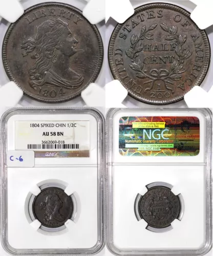 1804 1/2c C-6 Spiked ChinvDraped Bust Half Cent NGC AU 58 BN